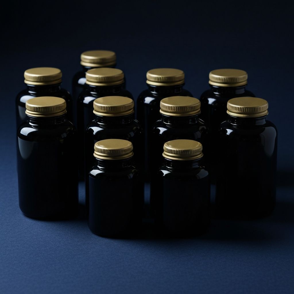 Няколко запечатани флакона с хранителни добавки на тъмносин фон с драматично студийно осветление